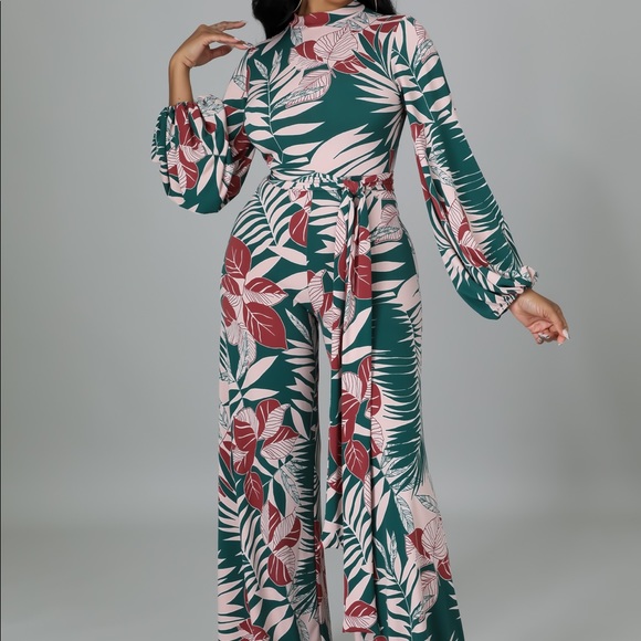Goodtimesusa Pants - Pink and Green Long Sleeve Tropical Print Jumpsuit